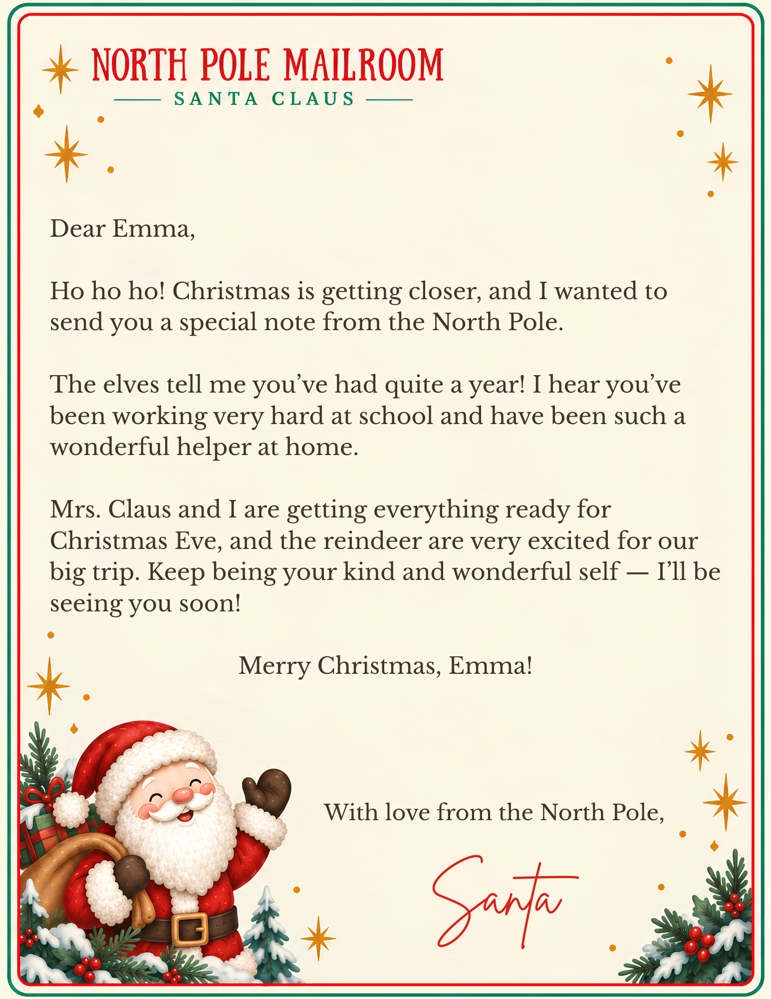 Finished personalized Santa letter for Emma