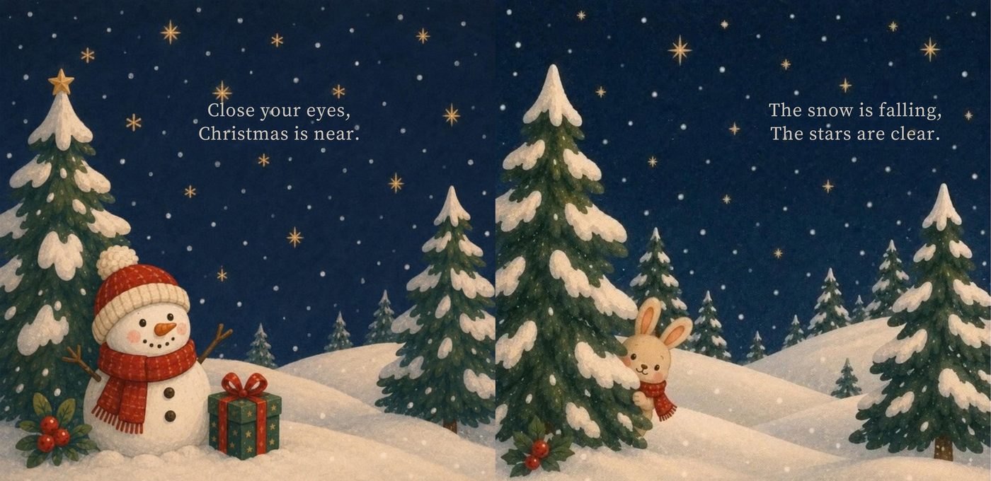 A snowman in a red scarf and a bunny beneath falling snow and clear winter stars